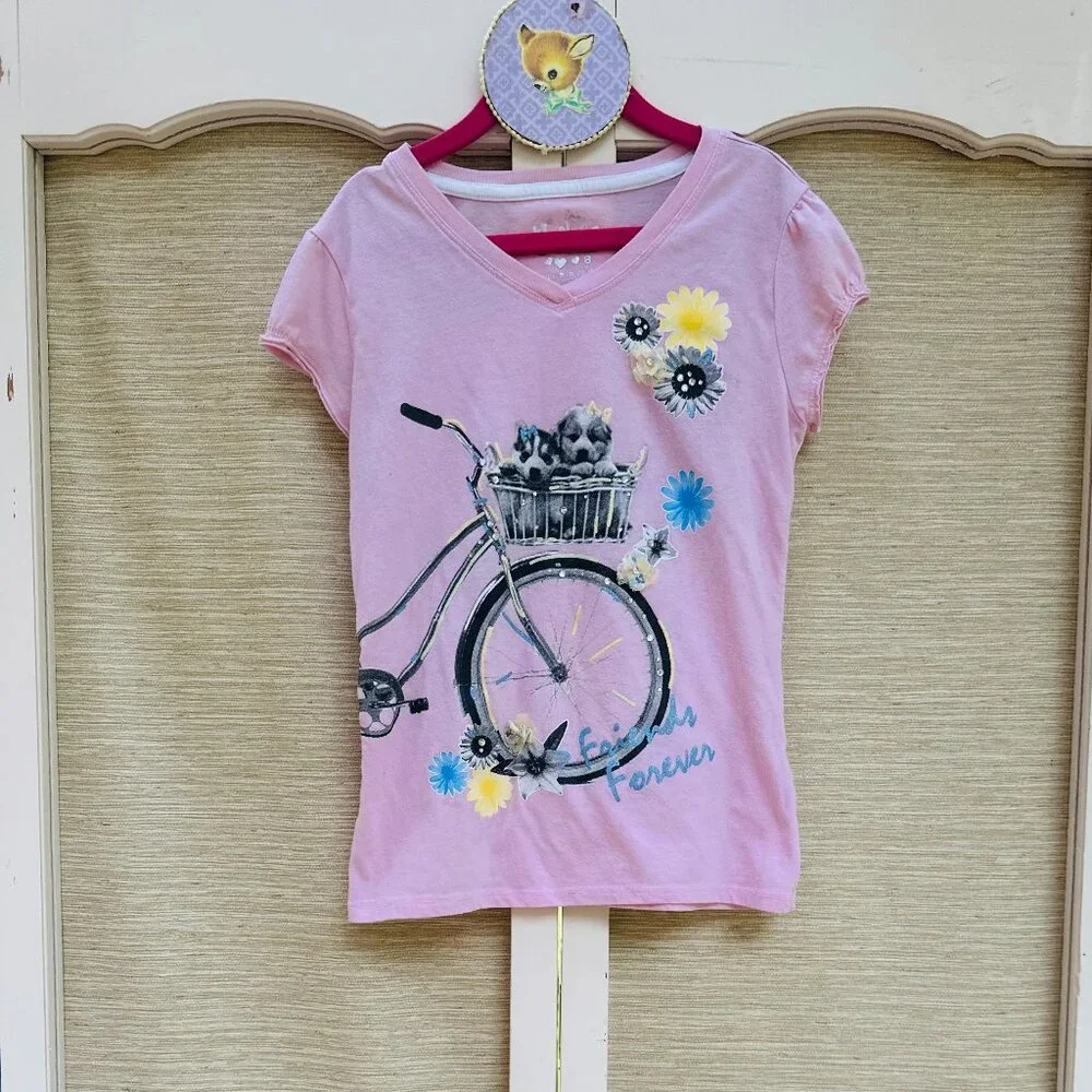Justice Puppy Bicycle Basket Tee Pink Girls Size 8 Rhinestone Flower Shirt